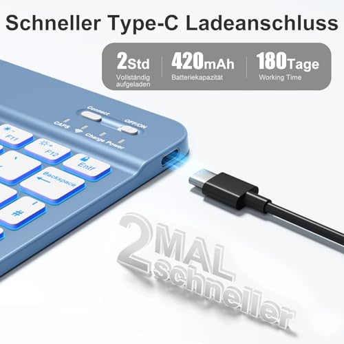 Vobafe Bluetooth Tastatur mit Telefonhalter für iOS/Android/Windows, Kabellose Tablet Tastatur für iPad/iPhone/Samsung/Laptop, Ultradünn Deutsche QWERTZ iPad Keyboard, 7 Farben Beleuchtete, Blau