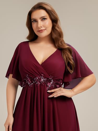 Image of Ever-Pretty Short Sleeves V Neck Plus Size Formal Dresses for Curvy Women Chiffon Mother of The Bride Dress Evening Gowns