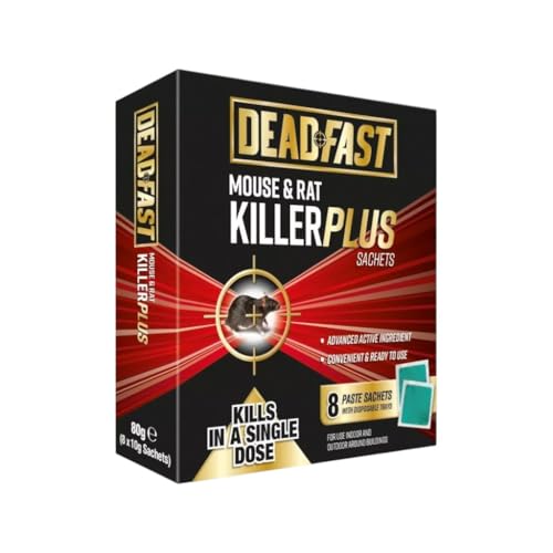 Image of Deadfast Mouse and Rat Killer Plus, Single Dose Rodenticide, Cereal-Based Bait for Mice & Rats, Ready-to-Use Sachets, Effective Pest Control Indoors & Outdoors Around Buildings (8 Paste Sachets)