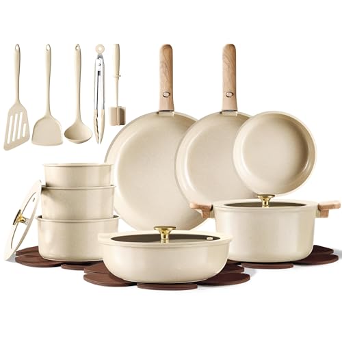 Foto de CAROTE Juego de 25 utensilios de cocina de cerámica, juego de ollas y sartenes antiadherentes, juego de cocina de RV con asas extraíbles, apto para horno, utensilios de inducción, juego de cocina no (imagen 2)