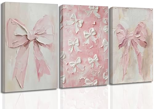 Image of 3Pcs Trendy Pink Bow Canvas Wall Art Vintage Cute Preppy Watercolor Bow Painting Pictures Wall Decor Posters Prints Girly Aesthetic for College Apartment Bedroom Decoration
