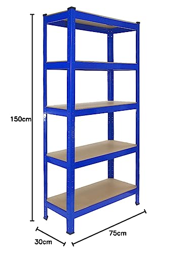 4 Garage Shelving Units - 5 Tier Heavy Duty Rack for Storage Steel Utility Shelves | Metal & MDF Boltless Racking Assembly System | 150cm x 75cm x 30cm