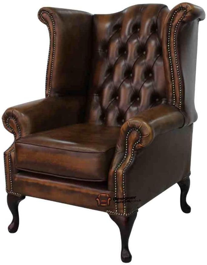 Chesterfield Queen Anne High Back Wing Chair Antique Tan Leather