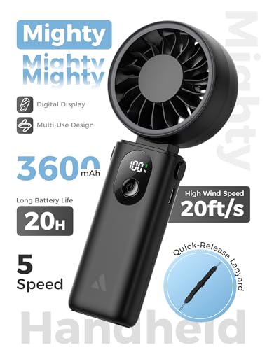 Image of Aecooly Mighty Portable Handheld Fan | 20H Max Cooling Time | 3 Flexible Modes | 5 Speeds Wind | Battery Level Display | USB Rechargeable Mini Personal Battery Powered, Gifts for Women, Travel -Black
