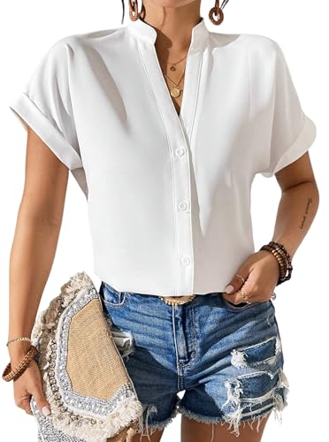 Avanova Women Button Down Short Sleeve Shirt Blouse V Neck Work Business Top4