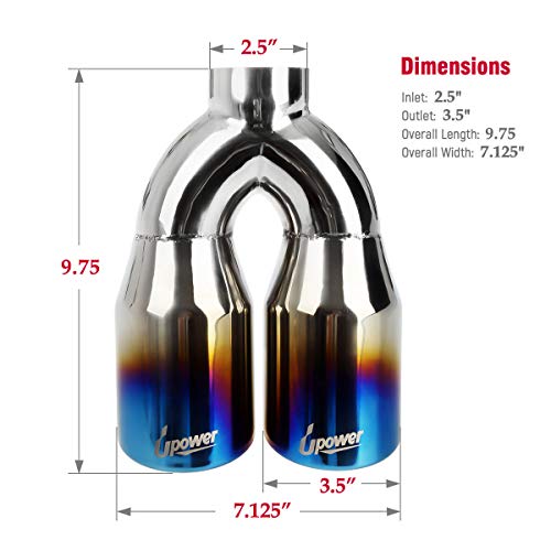Upower 2.5 Inch Inlet 3.5 Inch Outlet Dual Exhaust Tips Tailpipe 2.5" to 3.5" 9.75" Length Stainless Steel Polished Vacuum Plating Blue 1.2mm Thickness Weld On Tail Pipe(Single Wall,Rolled Edge)