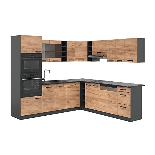 Vicco cucina angolare completa R-line, Quercia dorata/antracite/Antracite, Senza piani di lavoro