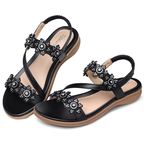 Image of TEMOFON Sandals for Women Flat Dressy Summer Flower Sandals with Ankle Strap Comfortable Casual Walking Flat Sandals Size 5-11