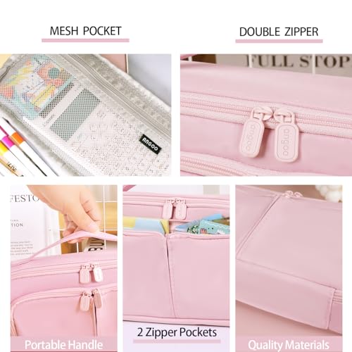 Image of Pink Pencil Case Large Capacity Pencil Pouch Pen Bag with Handle, Portable Pencil Case Pencil Bags with Zipper Student Stationery Bag for Girls and Boys Teen Adults Men Women (Pink)
