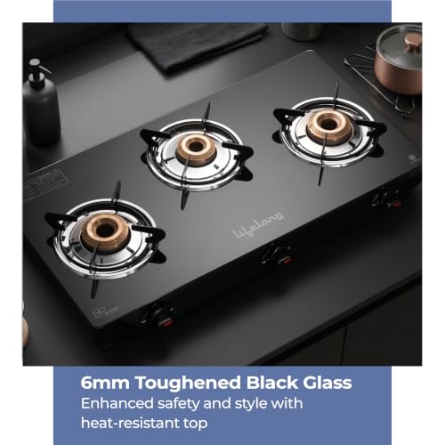 Image of Lifelong 3 Burner Gas Stove Top for Kitchen - Brass Burner Manual Ignition Cooktop Modern Glass Stove for Modular Kitchen, ISI Certified & Compatible with LPG - 1 Year Manufacturer's (Black, LLGS003)