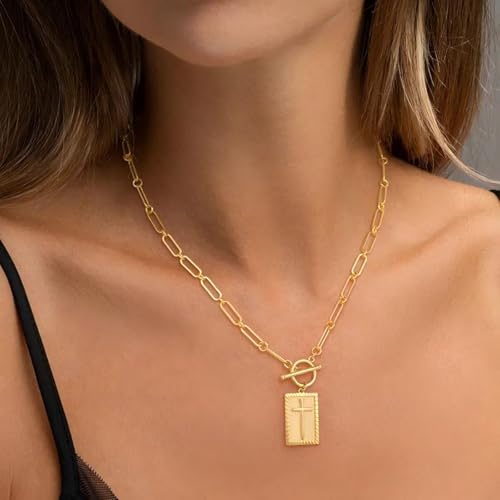Cross Necklace for Women Silver, Dainty Nail Cross Necklace for Women, Fashionable Cuban Chain Jewelry Exquisite Paper Clip Chainunisex Waterproof and Sweat-Resistant, Fade-Proof (Gold) — view 4