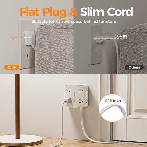Flat Plug Power Bar, TESSAN 5 Ft Extension Cord Indoor with 8 Multi Outlets and 3 USB (1 USB C), Surge Protector Power Strip, Wall Mount Charging Station for Home Office Dorm, Gray - 2