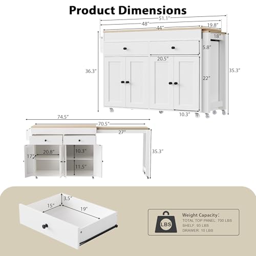 Image of 74.5 inch Kitchen Island with Extendable Table, Rolling Kitchen Island