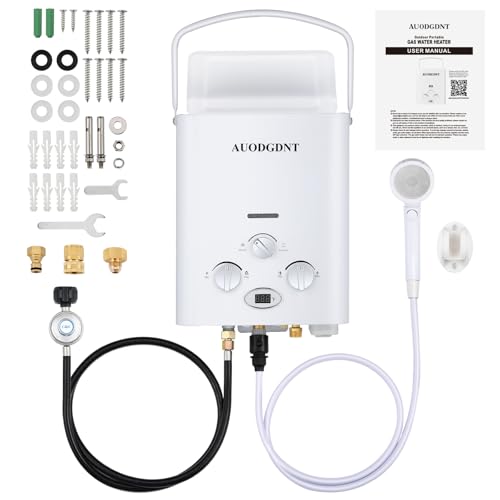 Propane Water Heater 1.58 GPM, Lightweight Instant Hot Water Heater with LED Display and 3-Mode Shower Head, Suitable for RV Camping Shower, 6L