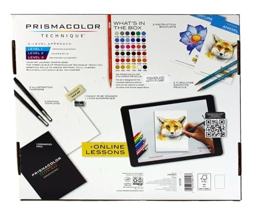 Prismacolor Technique, Art Supplies and Digital Art Lessons, Animal & Nature Drawing Set, Level 1, Learn to Draw with Colored Pencils, Graphite Pencils, and More, Fox & Flower Drawing, 47 Count Bundle