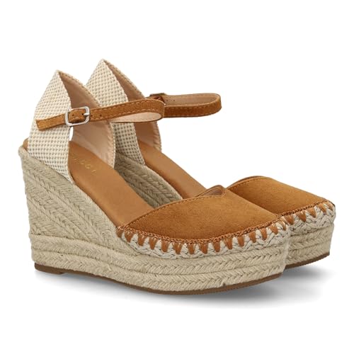 100159 Alpargata Sandalia de Mujer con Cuna de Esparto y Detalle Decorativo en la Pala, para Mujer, Cierre de Hebilla Ajustable, Talon Abierto, Ideal Primavera Verano. Camel Talla 40
