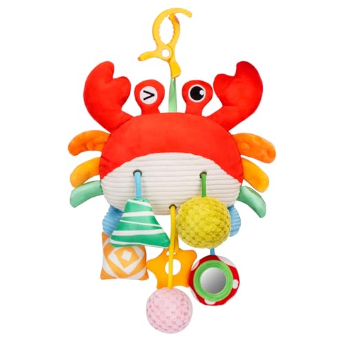 Accevo Jouet à suspendre en forme de crabe pour poussette avec pince, miroir, petite clochette, hochets, froissement, couinement, jouets pour bébé de 3 à 6 mois, idéal pour garçons et filles