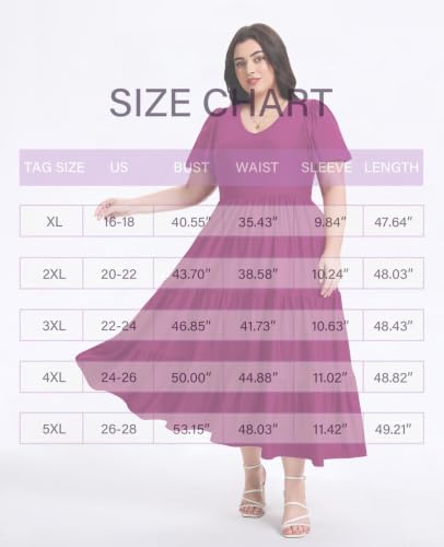 Image of Women's Plus Size Summer Dresses Floral Casual Tiered Midi Dresses V-Neck Short Sleeve Long Maxi Dress with Pockets