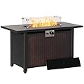 Outsunny 43 Inch Outdoor Propane Gas Fire Pit Table, 50,000 BTU Auto-Ignition Rectangular Wicker-Effect Gas Firepit with Glass Wind Guard, Lid, Glass Beads, Steel Base, CSA Certification, Bronze