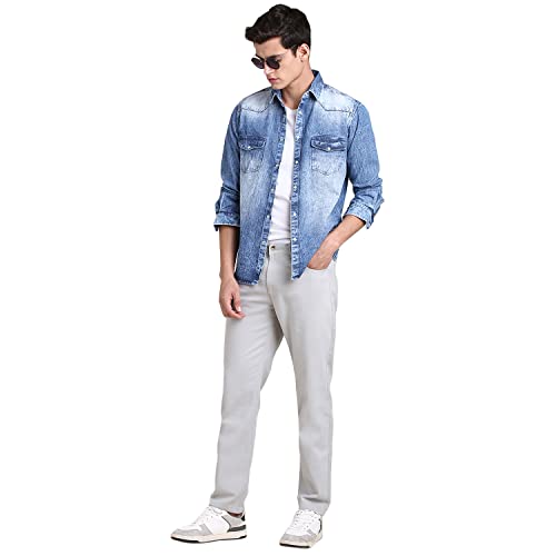 Image of Dennis Lingo Men's Solid Denim Cotton Slim Fit Full Sleeve Casual Shirt with Flap Pockets and Snap Buttons