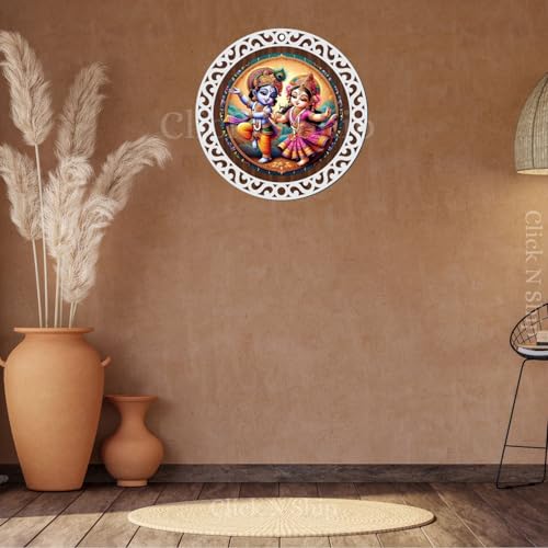 Image of Click n ship 9 Inch Wooden Wall Hanging with UV Print - Radha Krishna Decorative Art - Round MDF Frame for Home & Temple Decor - Vibrant Color Spiritual Wall Decor