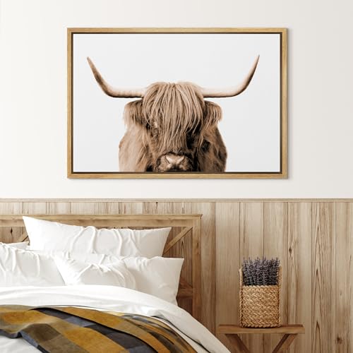 Signleader Framed Canvas Print Wall Art Brown Full-Frame Closeup Of Highland Cow Animals Wilderness Photography Realism Portrait Relax/Calm Duotone For Living Room thumb #1
