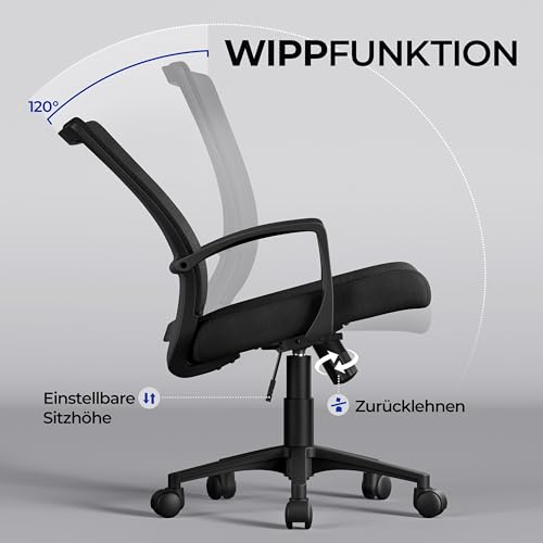 Yaheetech Bürostuhl Ergonomisch, Schreibtischstuhl mit Netzbespannung, Arbeitsstuhl mit Armlehnen, Chefsessel aus Mesh, höhenverstellbarer Computerstuhl 136 kg, atmungsaktiv, Wippfunktion Schwarz