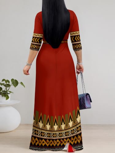 Image of PinkPatty Women's Plus Size Maxi Dresses Casual Flowy 3 /4 Sleeves Dress Printed Vacation Dress for Daily Wear with Belt