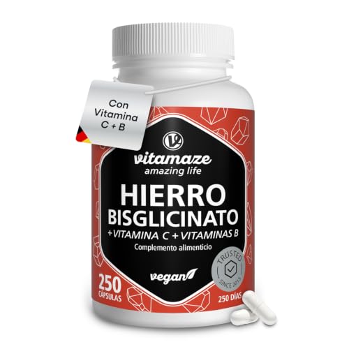 Vitamaze Bisglicinato de Hierro con Vitamina C, B6, B12 & Ácido Fólico | 20 mg de bisglicinato de hierro por cápsula, con 100 mg de vitamina C y vitaminas B2, B6, B12 & ácido fólico, 250 Cápsulas
