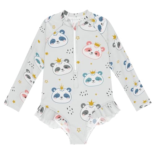 Wusikd Girls Long Sleeve Swimsuit Pandas Princess One Piece Bathing Suit Zipper Bear Swimwear Sun Protection 5-6T
