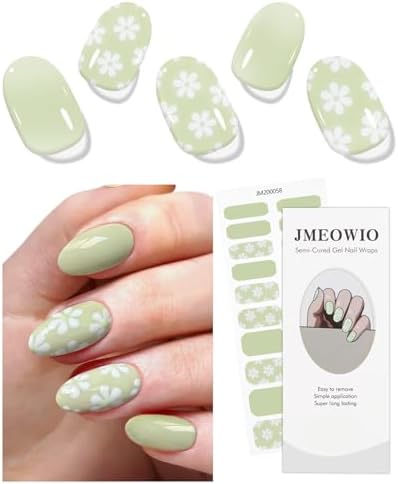 JMEOWIO Gel Nail Stickers White Flower Light Green Semi Cured Gel...