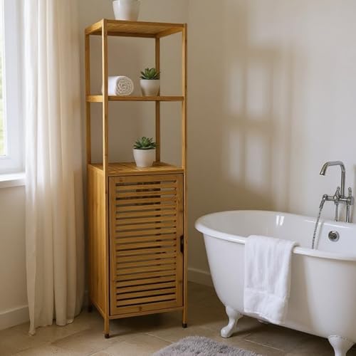 Bambu 3 Raflı Kapaklı Doğal Ahşap Banyo Dolabı