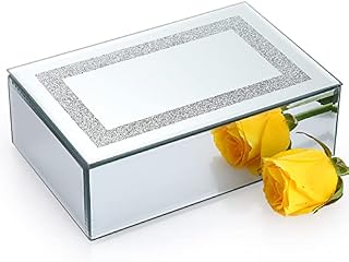 IGNPION Glass Mirrored Jewelry Box Crushed Diamante Modern Silver Trinket Storage Box Earrings Rings Jewelry Keepsake Display Case Wedding Birthday Mother's Days Gifts