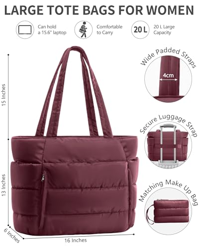 Image of Bagstellar Puffer Tote Bag for Women, Lightweight Puffy Work Handbag Teacher Nurse Quilted Shoulder Bag for School Travel Gym | Cloud Bag w / Zipper