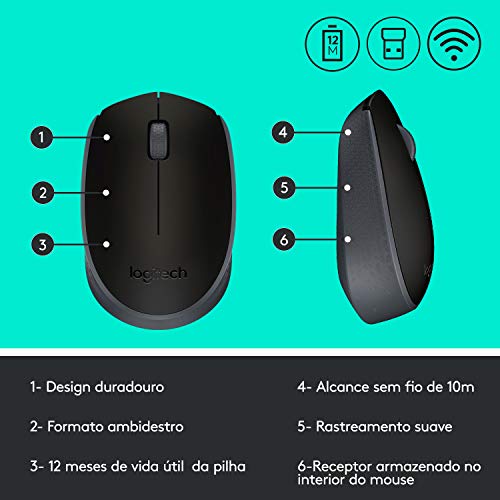 Mouse sem fio Logitech M170 com Design Ambidestro Compacto, Conexão USB e Pilha Inclusa - Preto glide