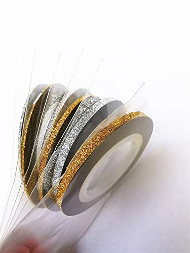 CHANGAR 6 Rollen Glitzer-Gold-Silber-Nagelkunst-Abisolierband, glänzend, matt, Nagelkunst-Dekorationsstreifen, selbstklebende Abziehbilder, Streifen, DIY-Nagelspitze