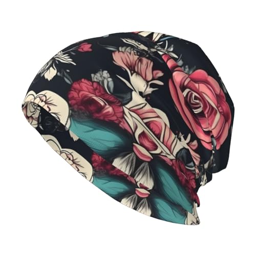 SHuWeiD Gorro de punto cómodo con estampado de calavera y flores para hombre, ajuste elegante, gorro de punto unisex para todas las estaciones, negro, negro, talla única, Negro, talla �nica