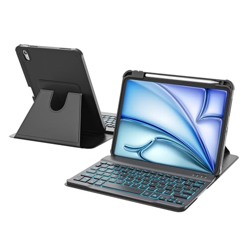 Image of RAYMCRAFT for iPad Air 11-inch Case with Keyboard M4 /M3 /M2 (2026 /2025 /2024), 360 Rotatable Case & Detachable Wireless Keyboard for iPad Air 5 /4th, 7-Color Backlit, Precision Cutouts, Pen Holder,Black