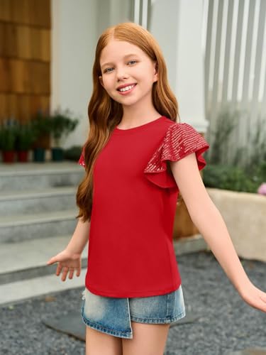 Image of Haloumoning Girls Ruffle Short Sleeve T Shirts Sequin Casual Cute Crewneck Tops