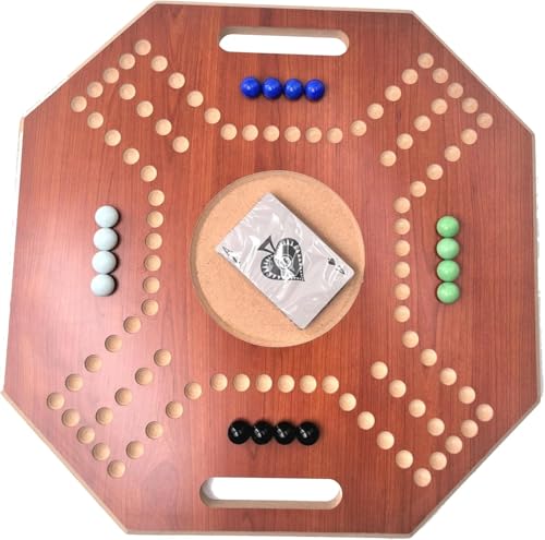 Image of Wooden Board Game for 4 Players - Includes Glass Marbles & Cards - Classic Multiplayer Strategy Game Set - 39x39 cm Wooden Board