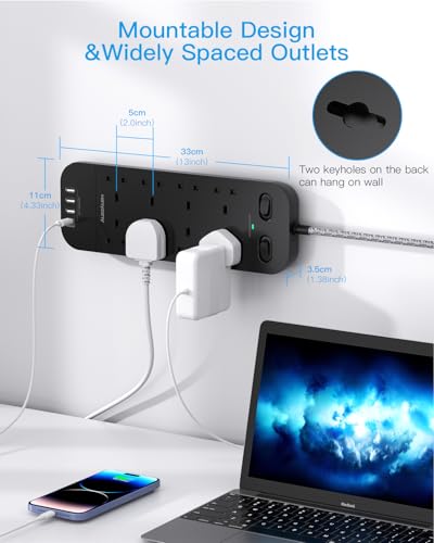 Black Extension Lead, 8 Way Outlets Power Strip with 4 USB Ports, 1800J Surge Protection Double Switch Plug Extension with 1.8M Braided Extension Cord for Home, Office - Image 4
