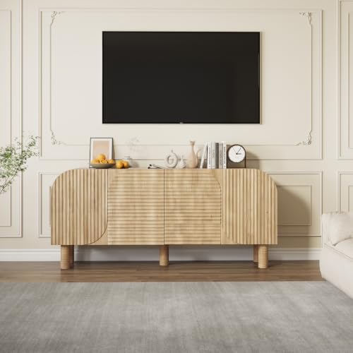 Image of 71 inch Curved Sideboard Cabinet with Storage, 4-Door Buffet Credenza,Natural | Large wood credenza features four textured arched doors, roomy storage, and anti-tip hardware for dining rooms and entryways