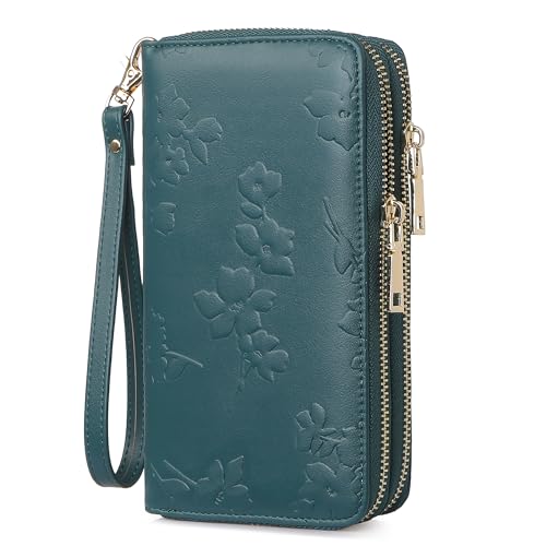 Womens Wallet RFID Blocking Large Capacity Leather Double Zip Wristlet Wallet Credit Card Phone Holder Ladies Clutch Purse Flora