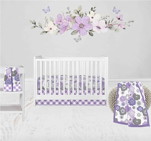 Bacati - Watercolor Flowers 4-Piece Crib Bedding Set with Diaper Stacker - Purple/Gray Girls