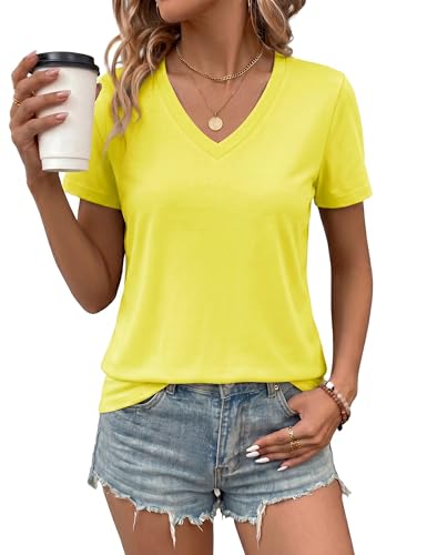 LaGracia Women's Cotton T Shirt V-Neck Short Sleeve Shirt Classic-Fit Casual Breathable Tee Summer Basic Tops Yellow L