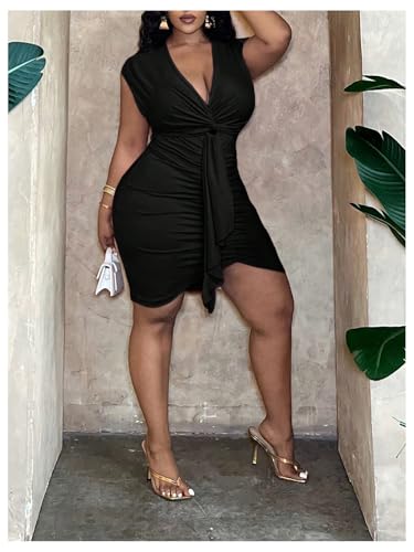 WDIRARA Women's Plus Size V Neck Sleeveless Bodycon Dress Ruched Twist Front Party Short Dress4