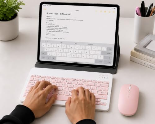 Image of Wireless Bluetooth Keyboard and Mouse Combo, Rechargeable Slim Multi-Device Keyboard with Bluetooth, Mouse with Bluetooth & 2.4G USB Receiver. (Baby Pink)