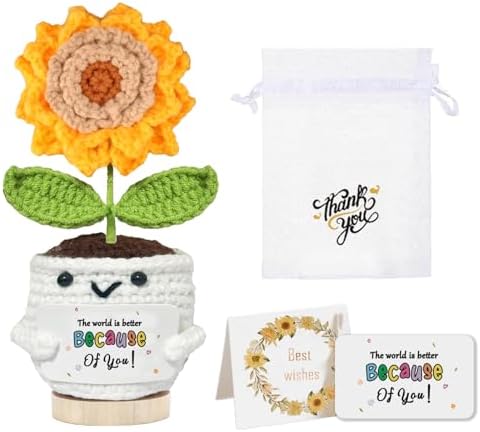 Sunflower Emotional Support Plant, Handmade Positive Flower Crochet, Mini Funny Doll with Inspirational Card, Friendship Gift for Women Mom Daughter Friends Teacher and Coworkers, Office, Home Decor