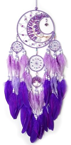 Large Dream Catchers, Handmade Woven Moon Healing Crystal Stone Dream Catcher Wall Hanging Ornament for Bedroom Living Room Wedding Party Decor, Festival Blessing Craft Gift (Purple Moon)