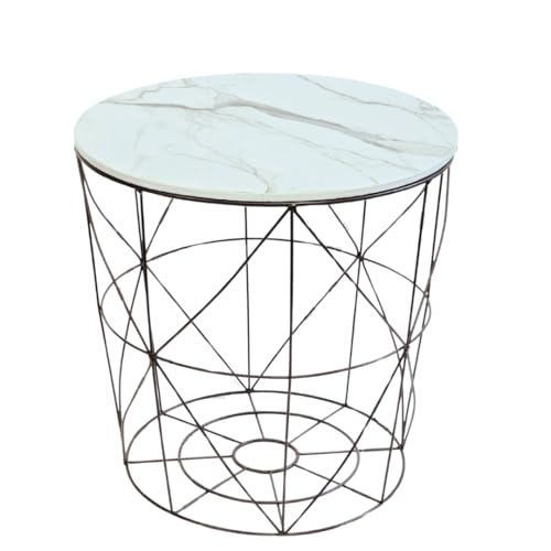 Trendi Round Side Table with Removable Marble Effect Tray | Wire Metal Storage Basket | Modern Bedside Table for Bedroom, Living Room, Balcony, or Hallway | Corner, Tea, Sofa, and End Table (White)
